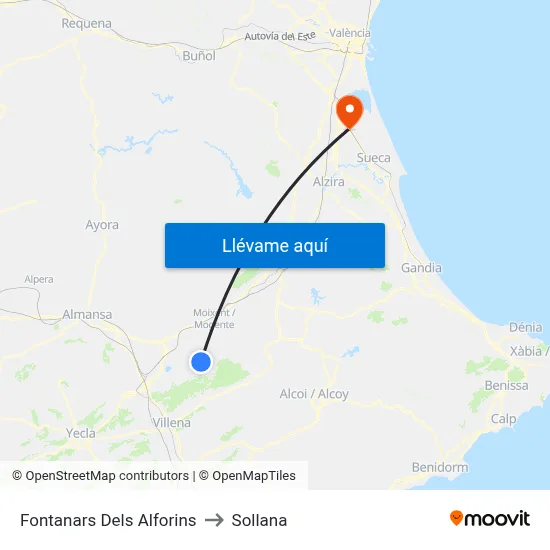 Fontanars Dels Alforins to Sollana map