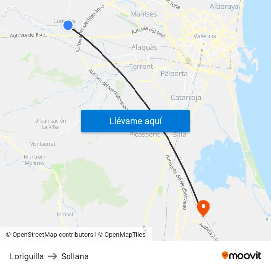 Loriguilla to Sollana map
