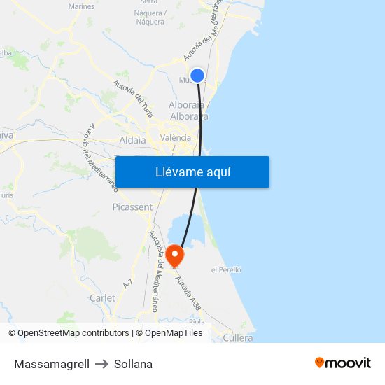 Massamagrell to Sollana map