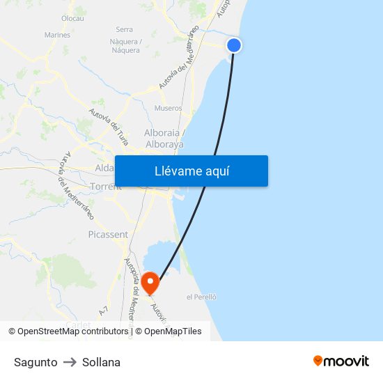 Sagunto to Sollana map