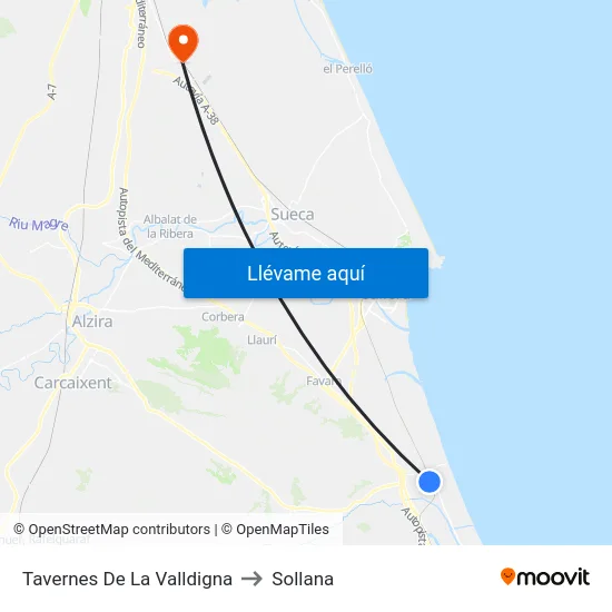 Tavernes De La Valldigna to Sollana map