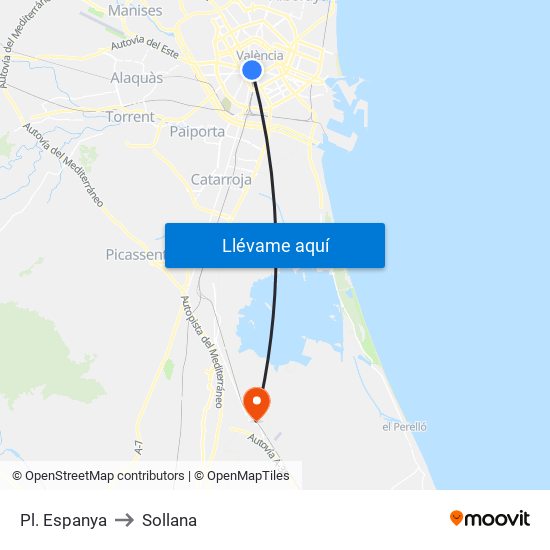 Pl. Espanya to Sollana map