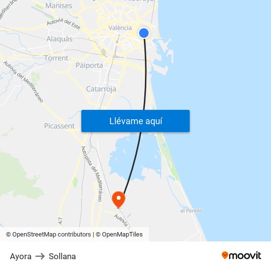 Ayora to Sollana map