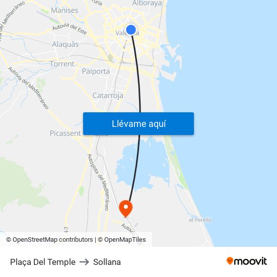 Plaça Del Temple to Sollana map
