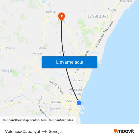 València-Cabanyal to Soneja map