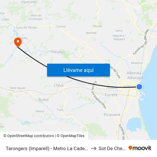 Tarongers (Imparell)  - Metro La Cadena to Sot De Chera map