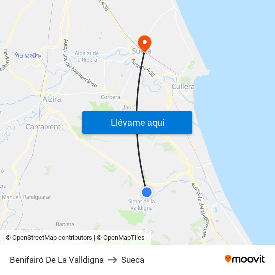 Benifairó De La Valldigna to Sueca map