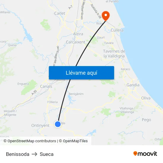 Benissoda to Sueca map