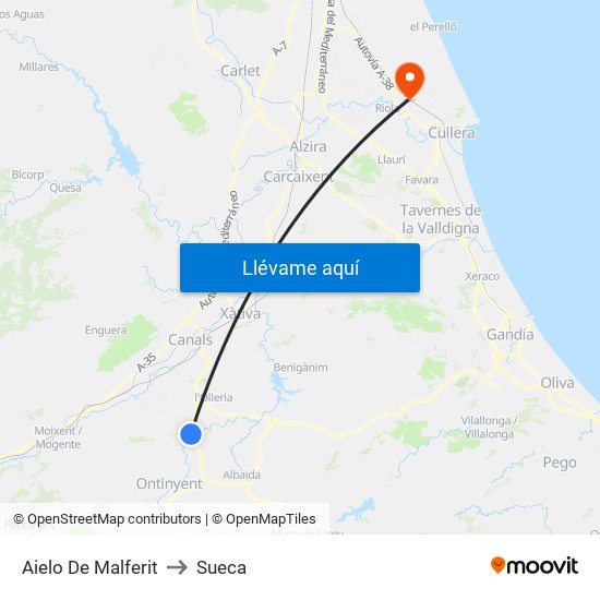 Aielo De Malferit to Sueca map