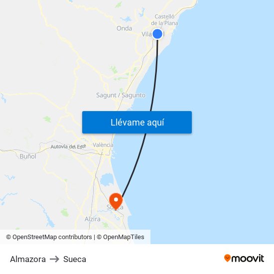 Almazora to Sueca map