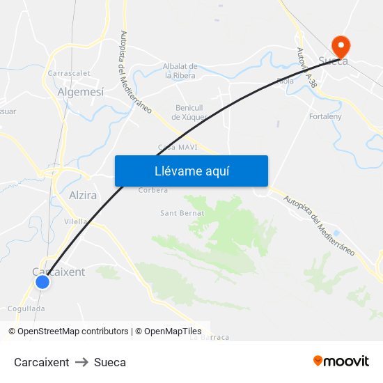 Carcaixent to Sueca map