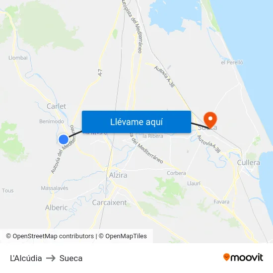 L'Alcúdia to Sueca map