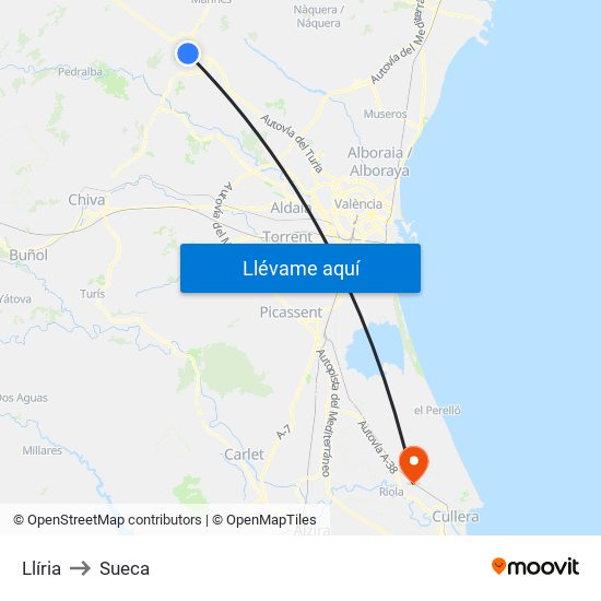 Llíria to Sueca map