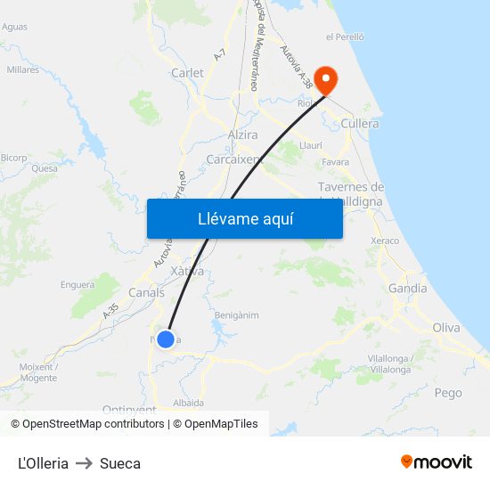 L'Olleria to Sueca map