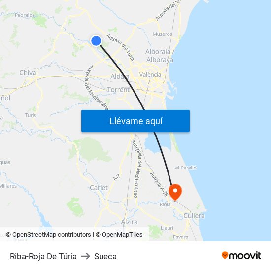 Riba-Roja De Túria to Sueca map