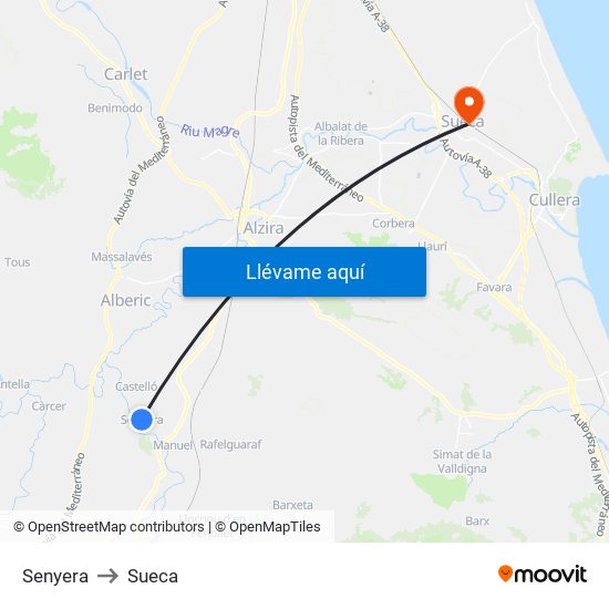 Senyera to Sueca map