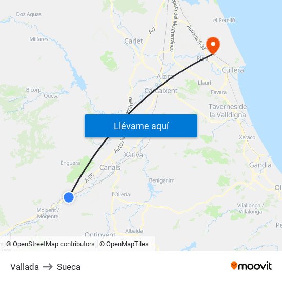 Vallada to Sueca map