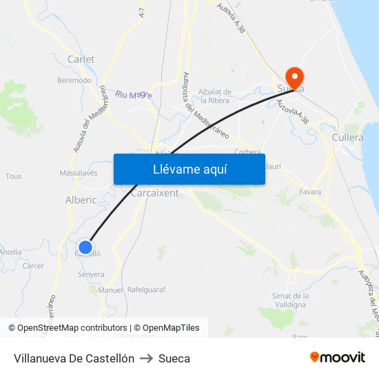 Villanueva De Castellón to Sueca map