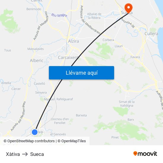 Xàtiva to Sueca map