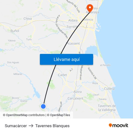 Sumacàrcer to Tavernes Blanques map