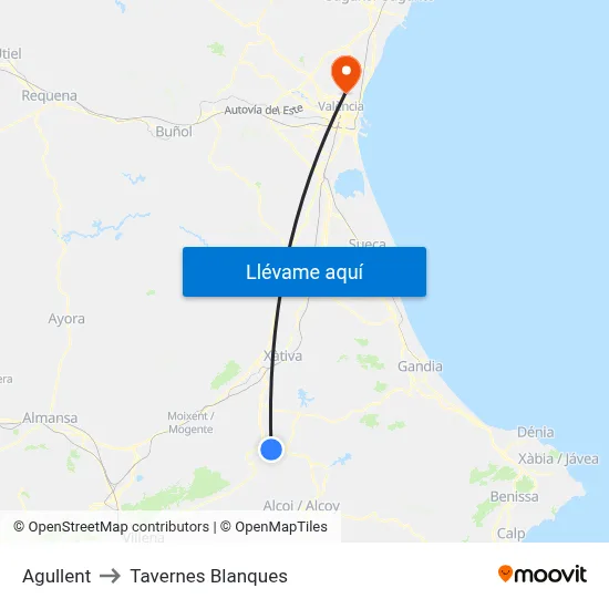 Agullent to Tavernes Blanques map