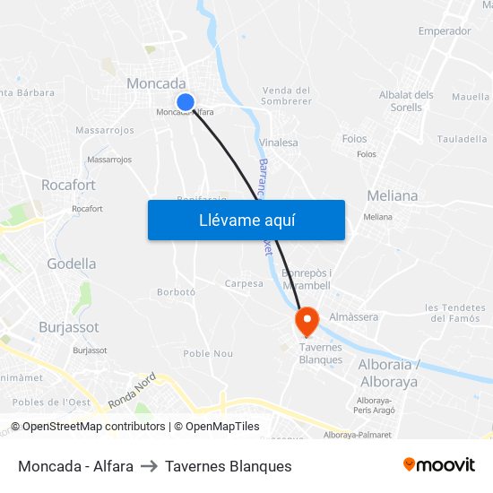 Moncada - Alfara to Tavernes Blanques map