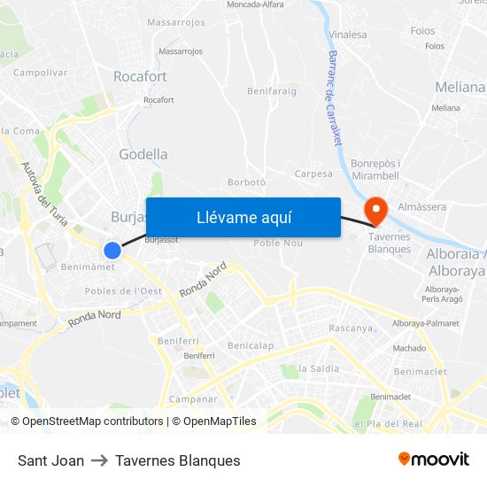 Sant Joan to Tavernes Blanques map