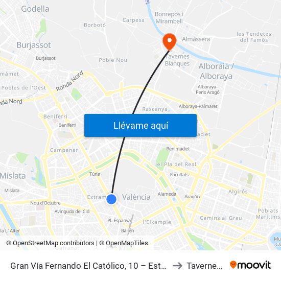 Gran Vía Fernando El Católico, 10 – Estació Metro Ángel Guimerá [València] to Tavernes Blanques map