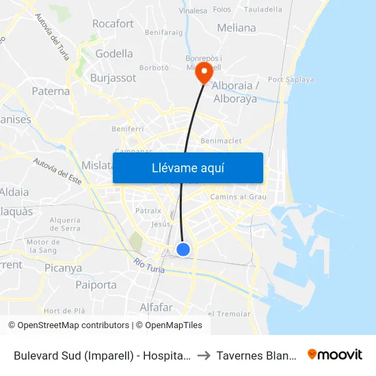 Bulevard Sud (Imparell) - Hospital La Fe to Tavernes Blanques map