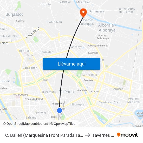 C. Bailen (Marquesina Front Parada Taxis) Estació Ave [València] to Tavernes Blanques map