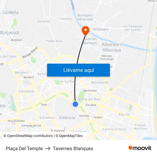 Plaça Del Temple to Tavernes Blanques map