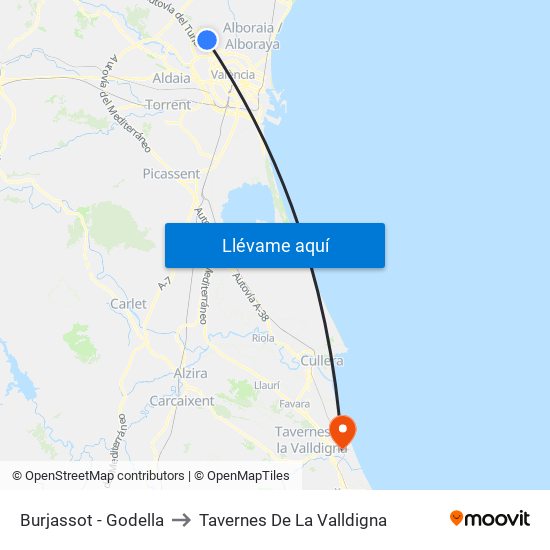 Burjassot - Godella to Tavernes De La Valldigna map