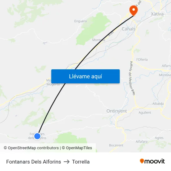 Fontanars Dels Alforins to Torrella map