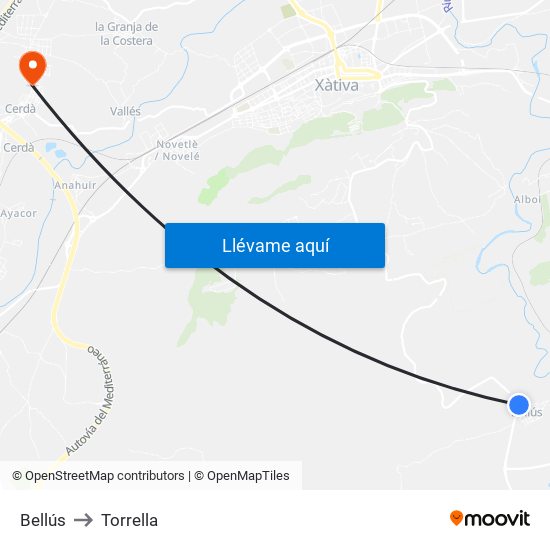 Bellús to Torrella map