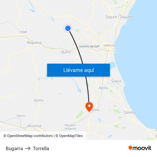 Bugarra to Torrella map