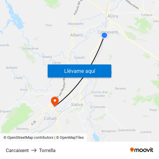 Carcaixent to Torrella map