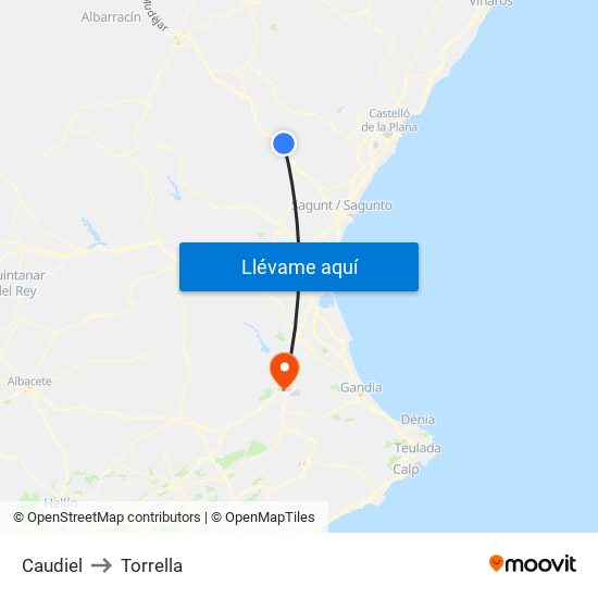 Caudiel to Torrella map