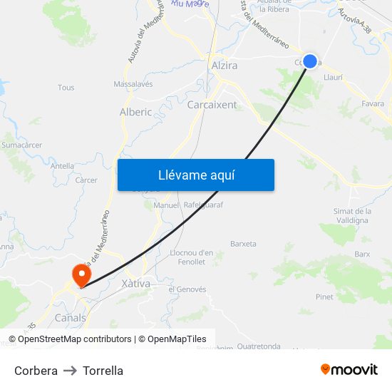 Corbera to Torrella map