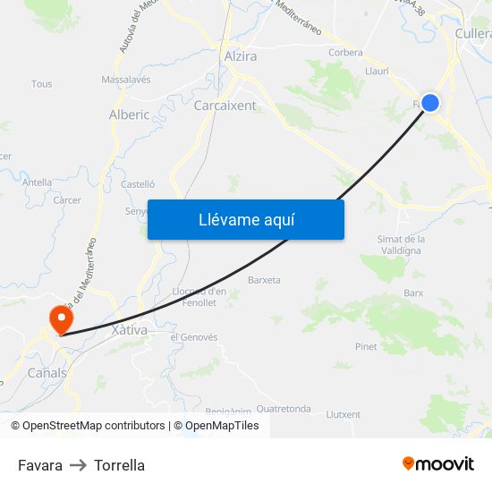 Favara to Torrella map