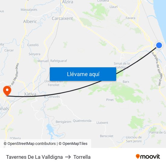 Tavernes De La Valldigna to Torrella map