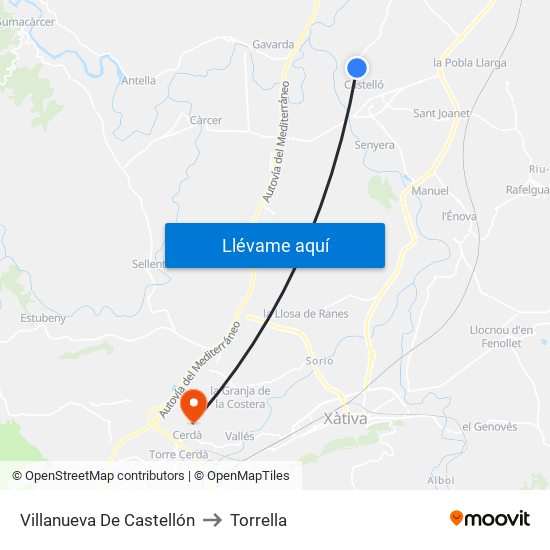 Villanueva De Castellón to Torrella map