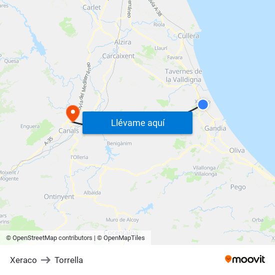 Xeraco to Torrella map