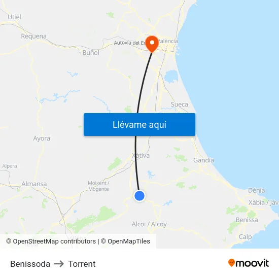 Benissoda to Torrent map