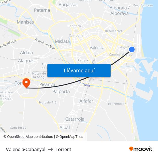 València-Cabanyal to Torrent map