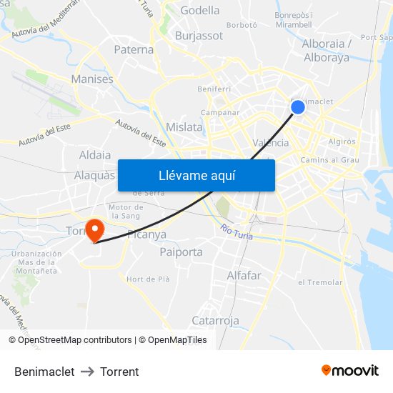 Benimaclet to Torrent map