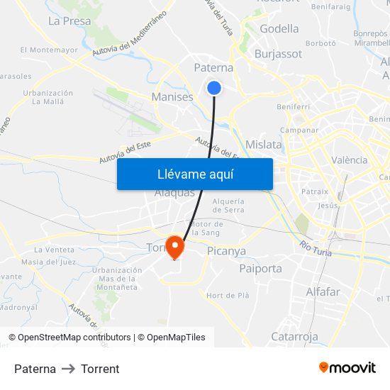 Paterna to Torrent map