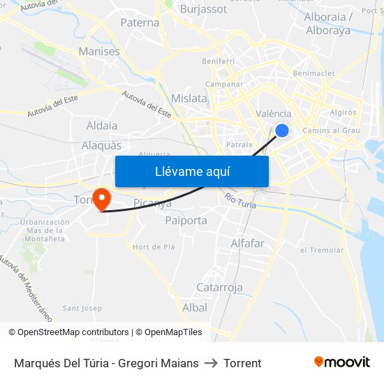 Marqués Del Túria - Gregori Maians to Torrent map