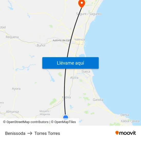 Benissoda to Torres Torres map