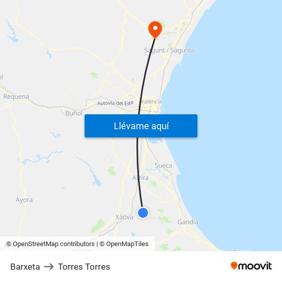 Barxeta to Torres Torres map