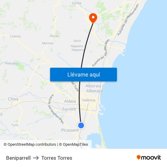 Beniparrell to Torres Torres map